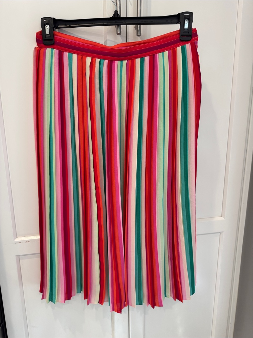 J. Crew Striped Pleated Midi Skirt - Pink, Red, Green, Cream